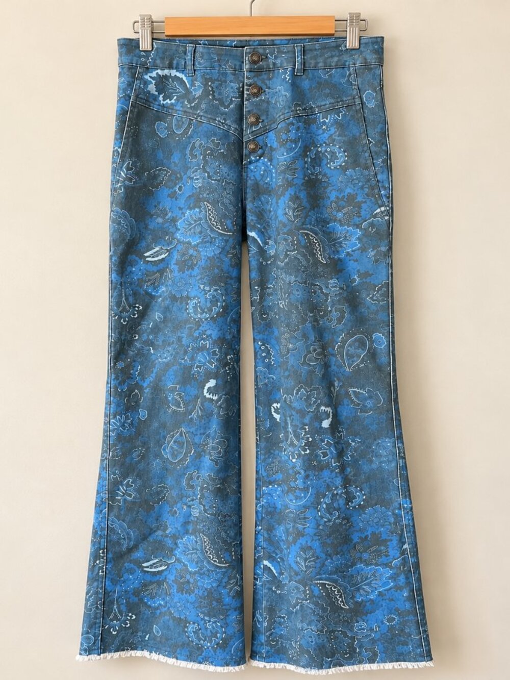 Desigual Paisley Twill Straight Leg Pants Blue V Seam Waist Frayed Hem Size L